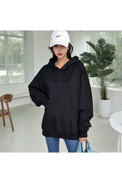 DEEPSENCE Unisex Black Basic Hooded Oversize Sweatshirt