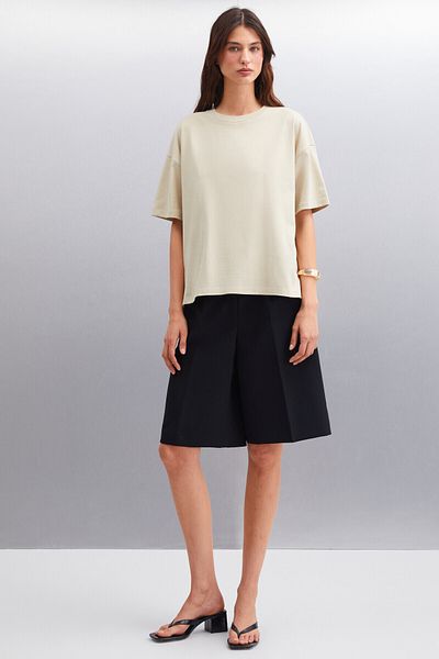 GRIMELANGE Jemmy Damen – Beige Basic Single Jersey gewebtes T-Shirt aus 100 % Bio-Baumwolle