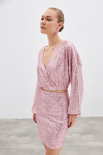 Sateen Sequined Double Breasted Blouse - Powder