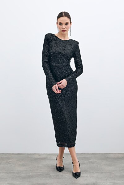 Sateen Sırt Dekolteli Payet Elbise - Siyah