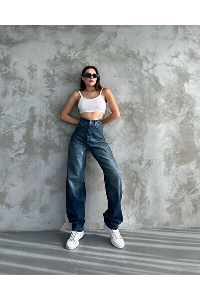 BROWSER Kadın Mavi Yüksek Bel Kemer Detaylı Bol Paça Rahat Kalıp Baggy Pantolon