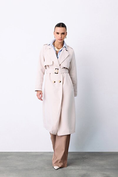 Sateen Kemerli Uzun Trençkot - Taş