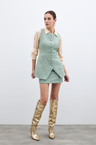 Sateen Buttoned Tweed Vest - Mint
