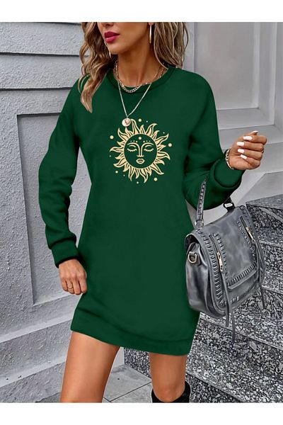 İpeksi Silky Women's Long Sleeve Crew Neck Sun Pattern Viscose Two Thread Dress