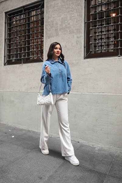 Molly Nelly Cămașă cu mânecă lungă din denim cu jumătate de plachetă pentru femei