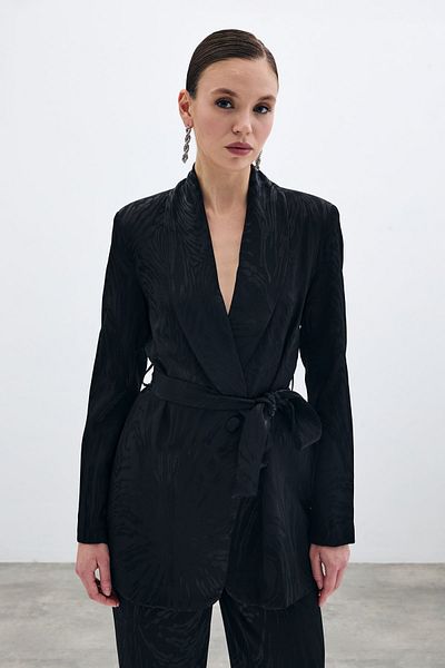 Sateen Black Patterned Long Belted Jacket