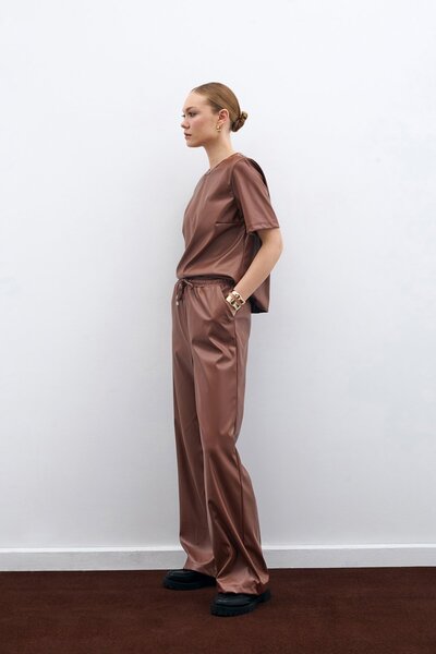 Sateen Salaş Deri Pantolon - Kahve