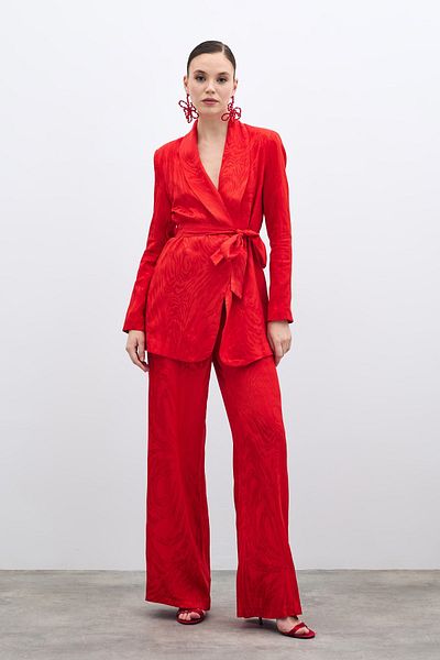 Sateen High Waist Patterned Trousers - Red