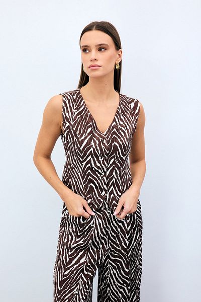 Sateen Zebra Pattern Short Vest - Brown