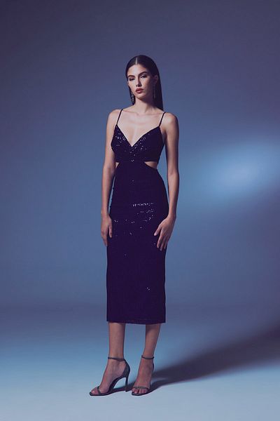Sateen Low-Cut Sequin Dress - Navy Blue