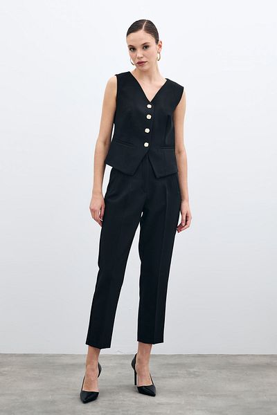Sateen High Waist Dart Trousers - Black
