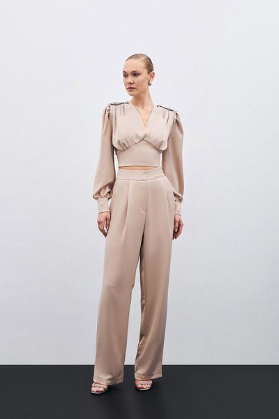 Sateen Pantaloni din crep din satin plisat bej
