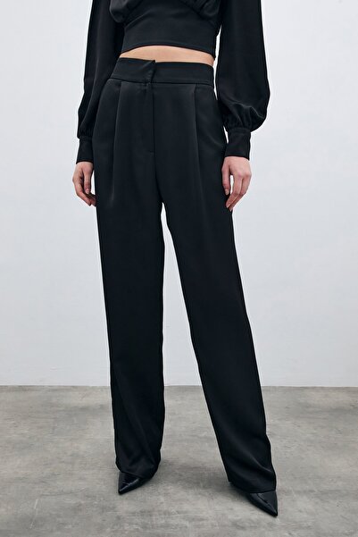 Sateen Pileli Saten Krep Pantolon - Siyah