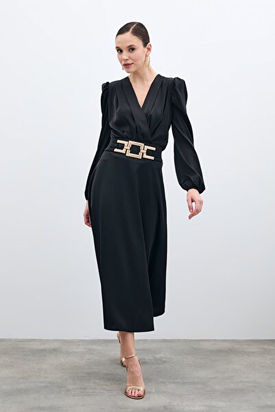Sateen Fusta din crepon din satin - Accesoriu pentru talie, neagra