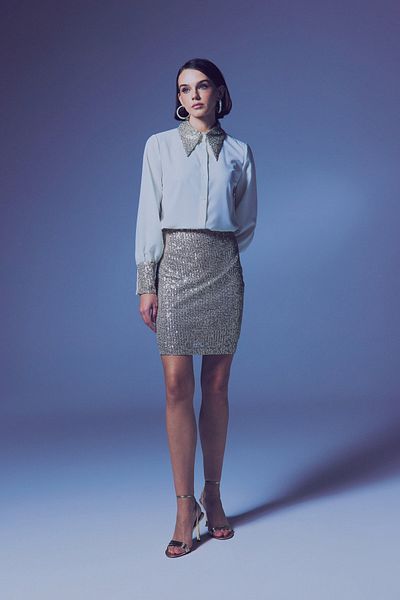 Sateen Sequined Mini Skirt - Beige