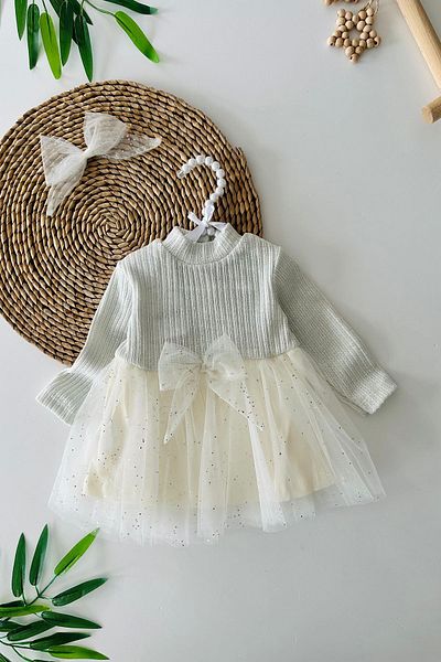 Minigimin Cicileri Gray Baby Girl Dress of My Mini - Flowers with Glitter Tutu