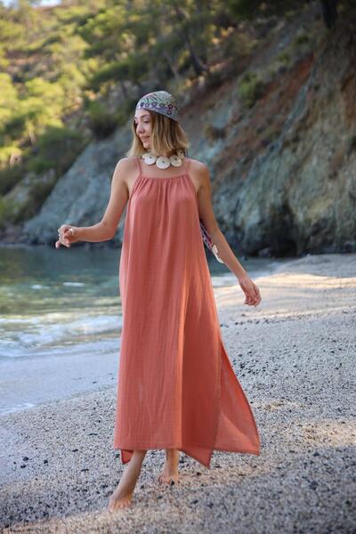 Şaman Butik Somon Rengi İp Askılı Halter Yaka Elbise
