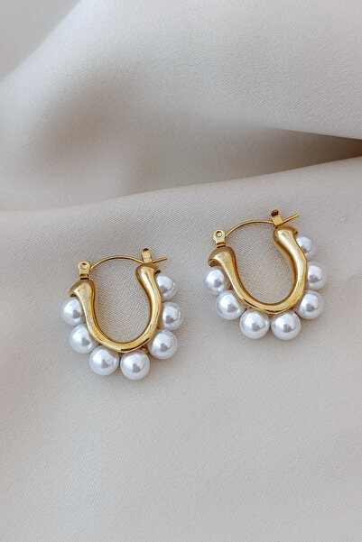 COSİTA Elegant Hoop Steel Earrings with Gold Minimal Pearl Detail