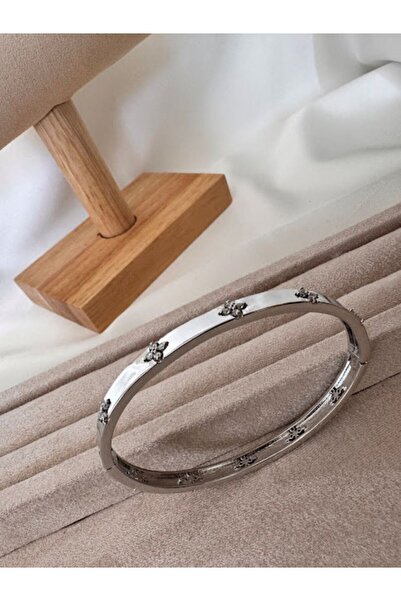 simy accessories - Çiçek taşlı vip çelik kelepçe Silver-Gümüş renk