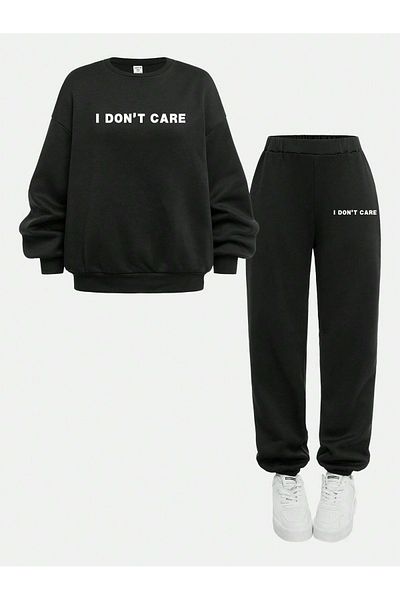 PALPİTO Γυναικείο Μαύρο Dont Care Printed Oversize Crew Neck Jogger Σετ