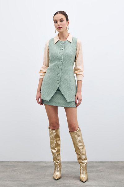 Sateen Buttoned Tweed Vest - Mint