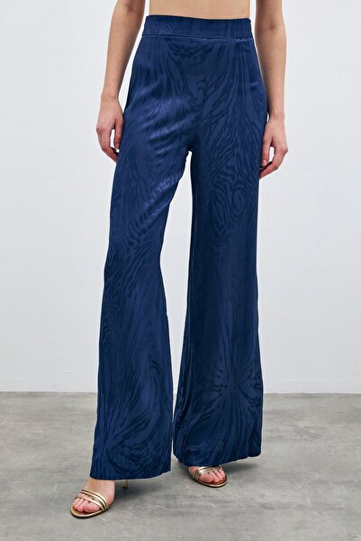 Sateen Yüksek Bel Desenli Pantolon - Lacivert
