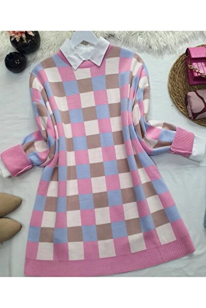 MACMODA Renkli Kareli Balon Kol Bisiklet Yaka Triko Tunik Pembe