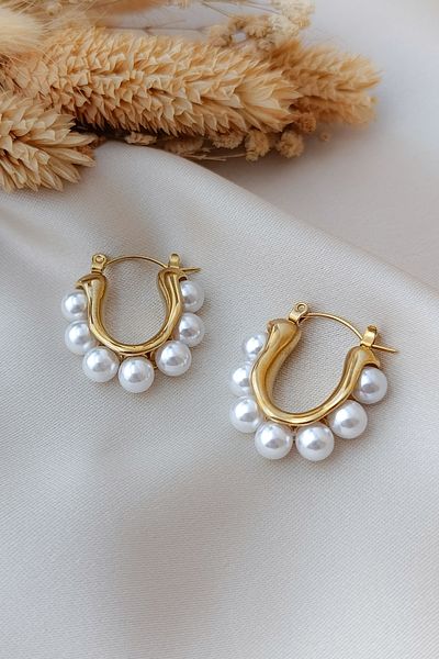 COSİTA Elegant Hoop Steel Earrings with Gold Minimal Pearl Detail