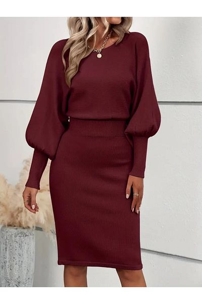 İpeksi Silky Women's Long Bat Sleeve Open Collar Waist Sitting Short Knitwear Dress
