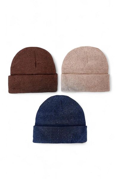 Eke Tekstil Unisex Folded Brown Stone Navy Blue 3-Piece Beanie Set