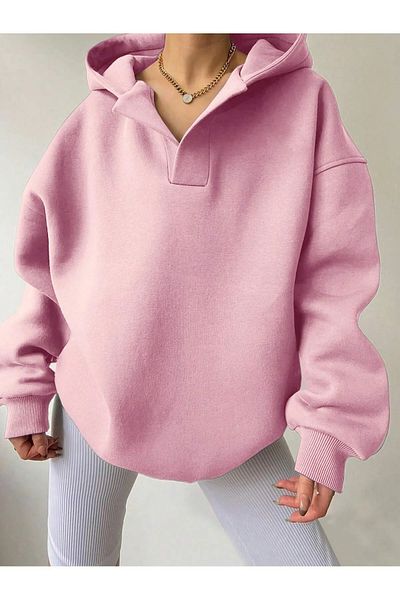 NO 601 Women's Pink Placket Hooded Low-Cut Oversize Sweatshirt