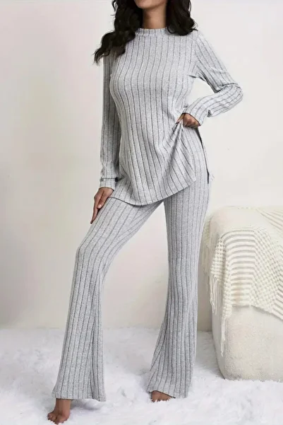 Mossta Gray Long Sleeve Slit Camisole Double Set