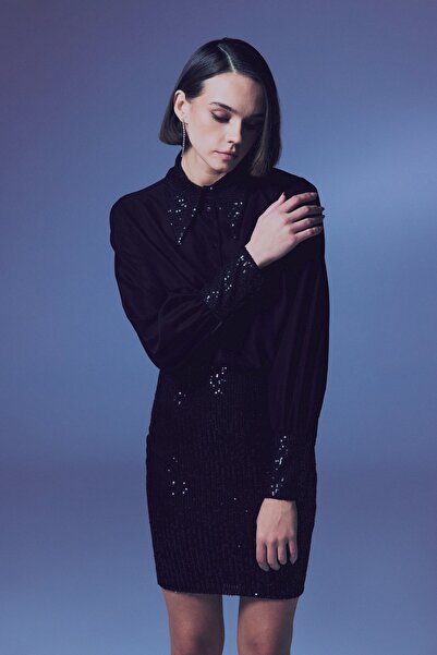 Sateen Payet Detaylı Gömlek - Siyah-Siyah