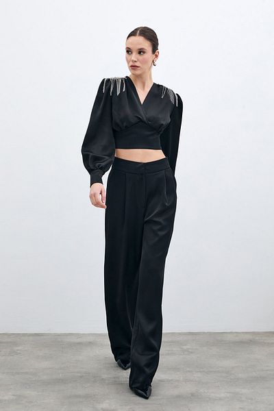 Sateen Pleated Satin Crepe Trousers - Black