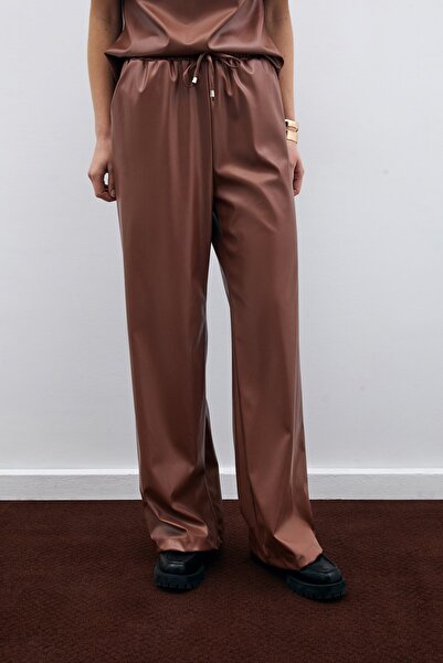 Sateen Salaş Deri Pantolon - Kahve