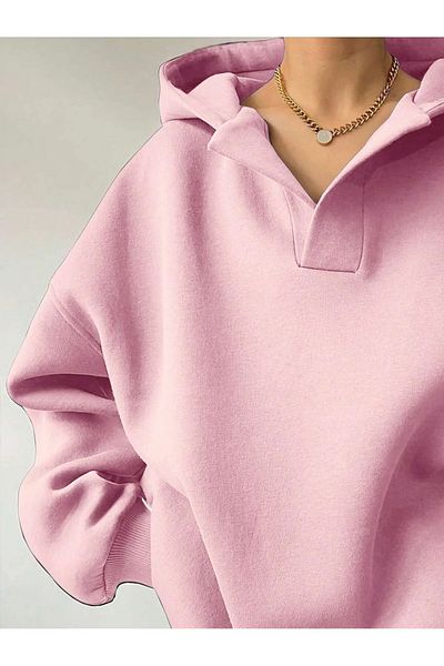 NO 601 Women's Pink Placket Hooded Low-Cut Oversize Sweatshirt