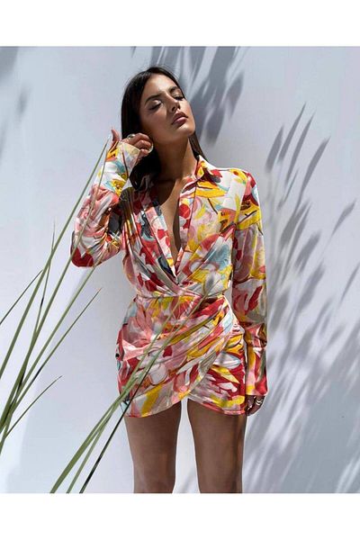 hipnoz butik Women's Shirred Mini Shirt Dress