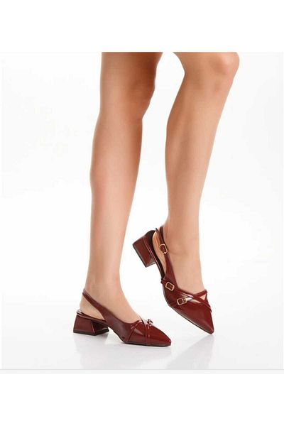 cimili Pantofi de balerină cu toc scurt „moda Rendi” pentru femei, din piele lacuită, cu bretele încrucișate
