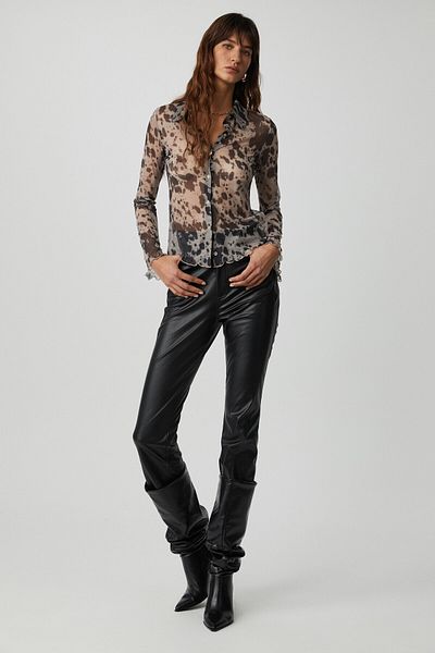 GRIMELANGE Caıtlın Women's Tulle Fabric Sheer Slim Fit Body Wrap Black Patterned Shirt