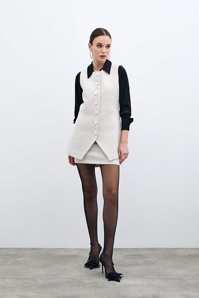 Sateen Buttoned Tweed Vest - Stone