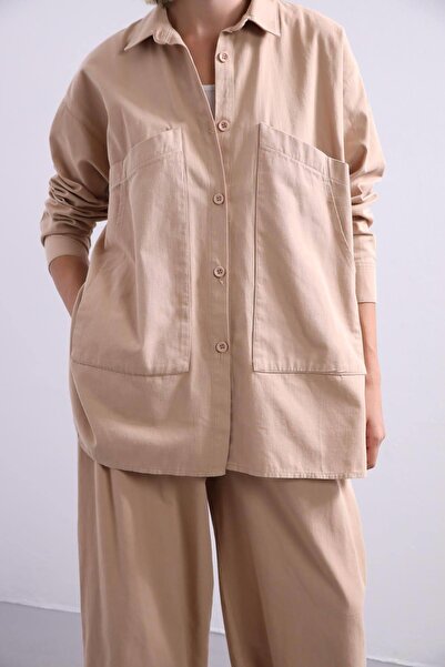 Şaman Butik Açık Kahve Büyük Cepli Ceket