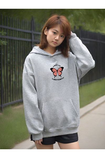 DEEPSENCE Φούτερ Unisex ΓΚΡΙ με κουκούλα πεταλούδας Oversize