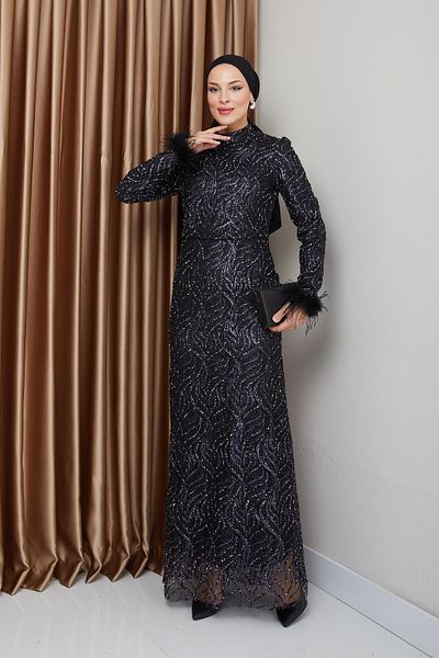 Olcay Feather Detail Glitter Hijab Evening Dress Black 1227-Y