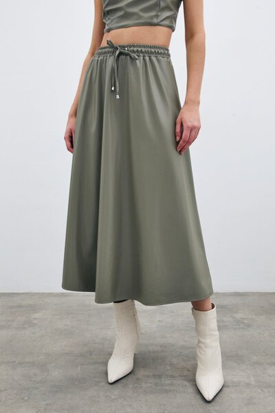 Sateen Bel Lastikli Deri Etek - Çağla Yeşili
