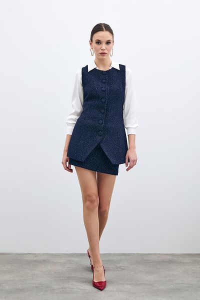Sateen Buttoned Tweed Vest - Navy Blue