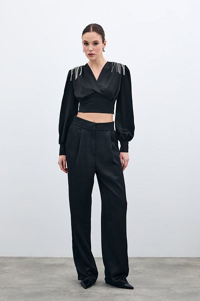 Sateen Pleated Satin Crepe Trousers - Black