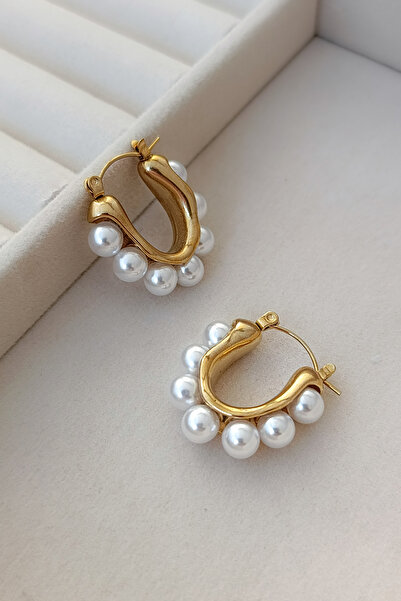 COSİTA Elegant Hoop Steel Earrings with Gold Minimal Pearl Detail