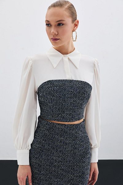 Sateen Sax Blue Tweed Shirt Blouse