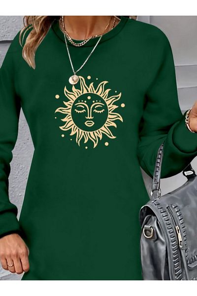 İpeksi Silky Women's Long Sleeve Crew Neck Sun Pattern Viscose Two Thread Dress