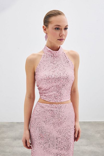 Sateen Sleeveless Sequined Blouse - Powder